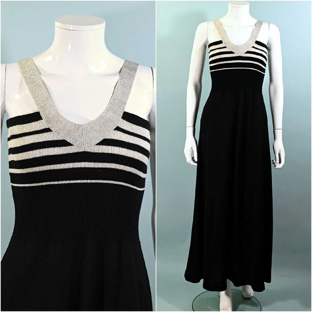 Vintage Black/Silver Knit Strappy Long Dress S - image 8