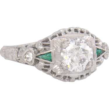 Antique .89ct Certified GIA Diamond & Emerald 18K 