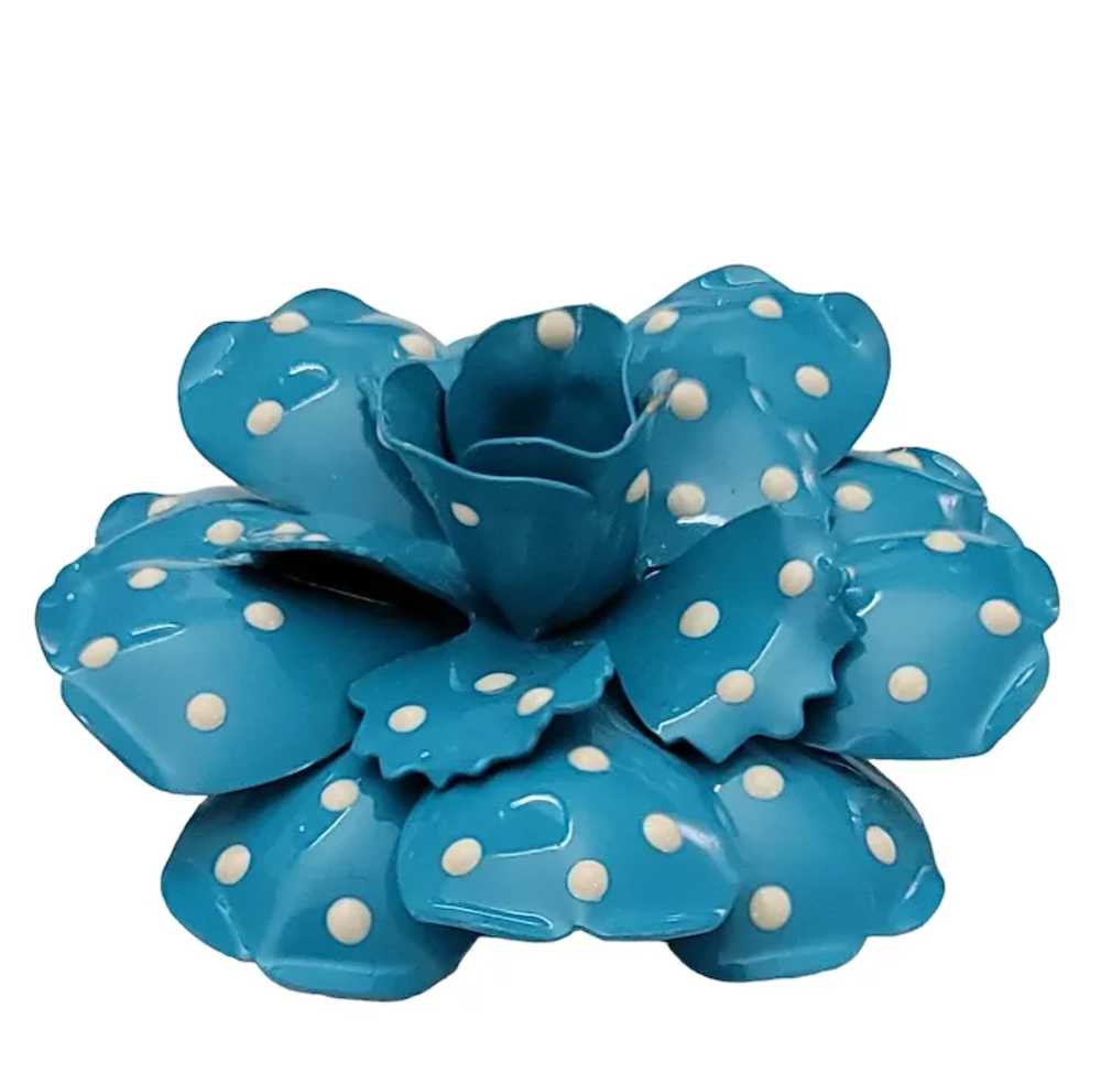 Joan Rivers Teal Blue Polka Dot Metal Flower Broo… - image 2