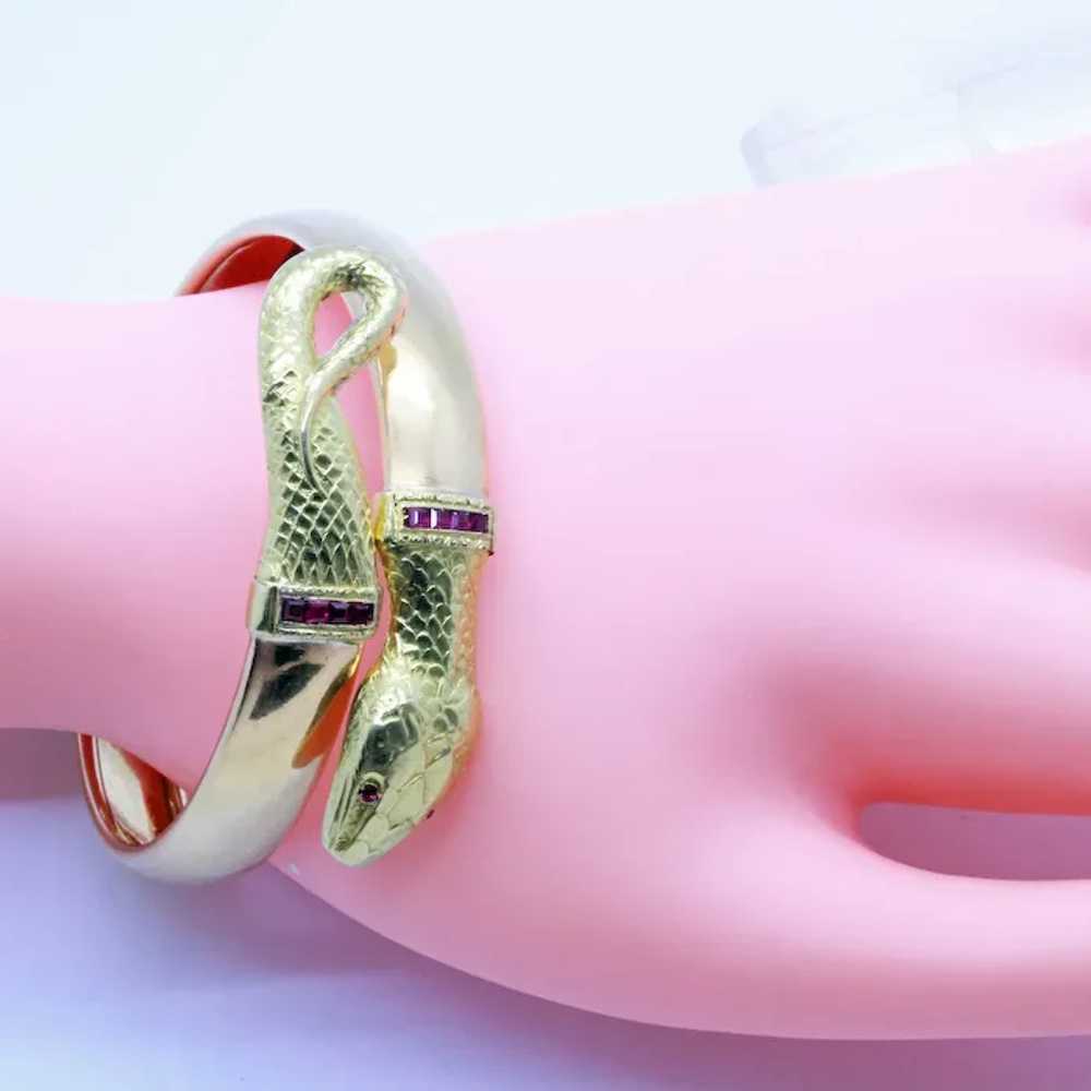 Antique Art Deco Bangle Bracelet Gold Rubies coil… - image 4