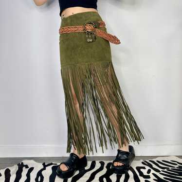 Olive Genuine Suede Fringe Maxi Skirt (S) - image 1