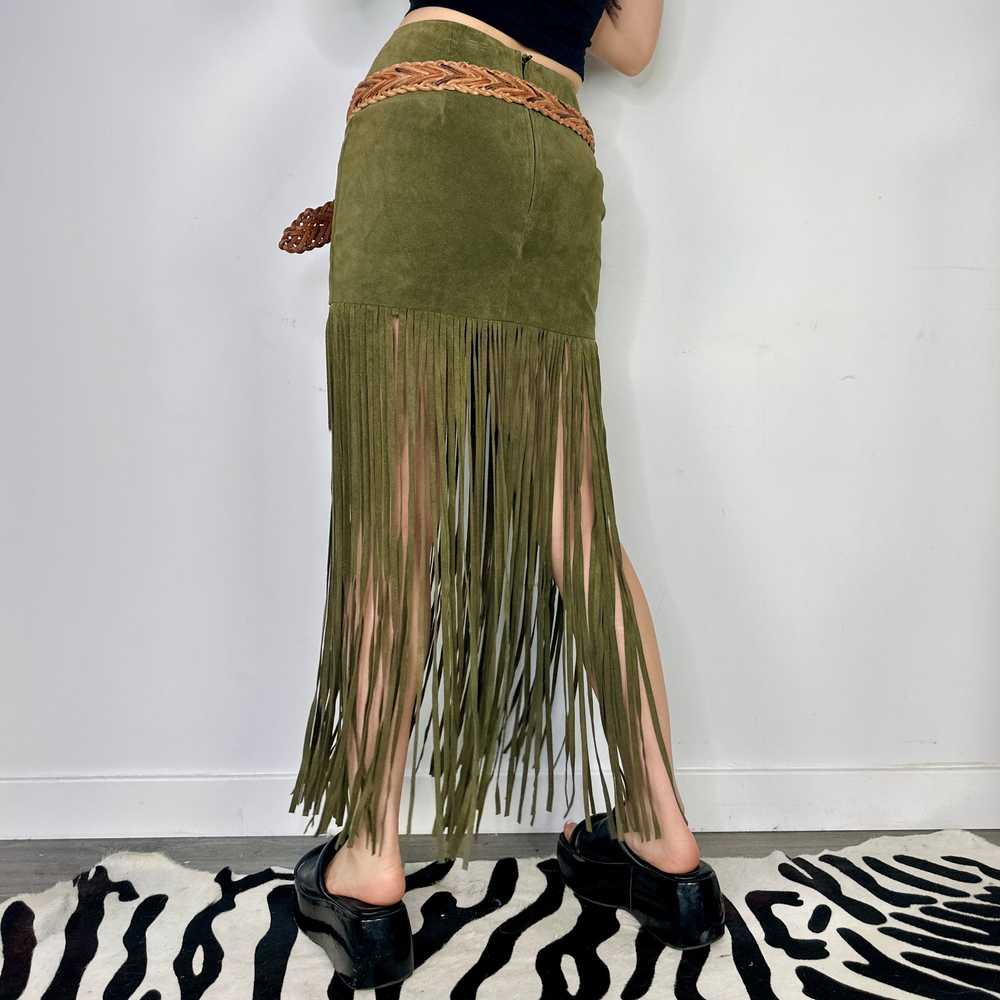 Olive Genuine Suede Fringe Maxi Skirt (S) - image 2