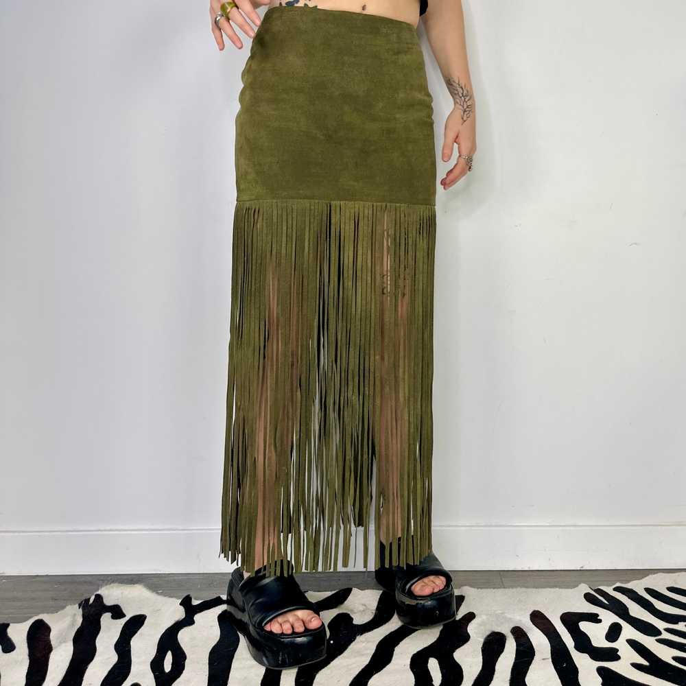Olive Genuine Suede Fringe Maxi Skirt (S) - image 3