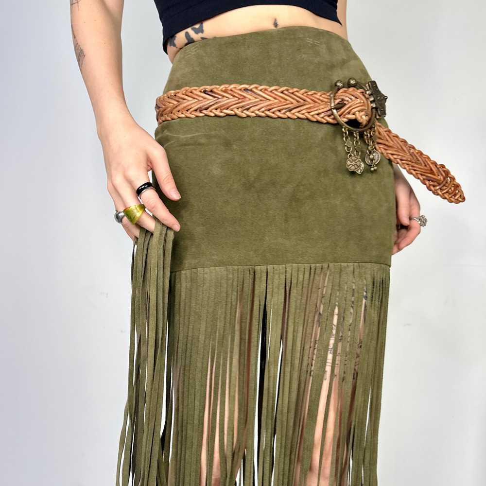 Olive Genuine Suede Fringe Maxi Skirt (S) - image 4