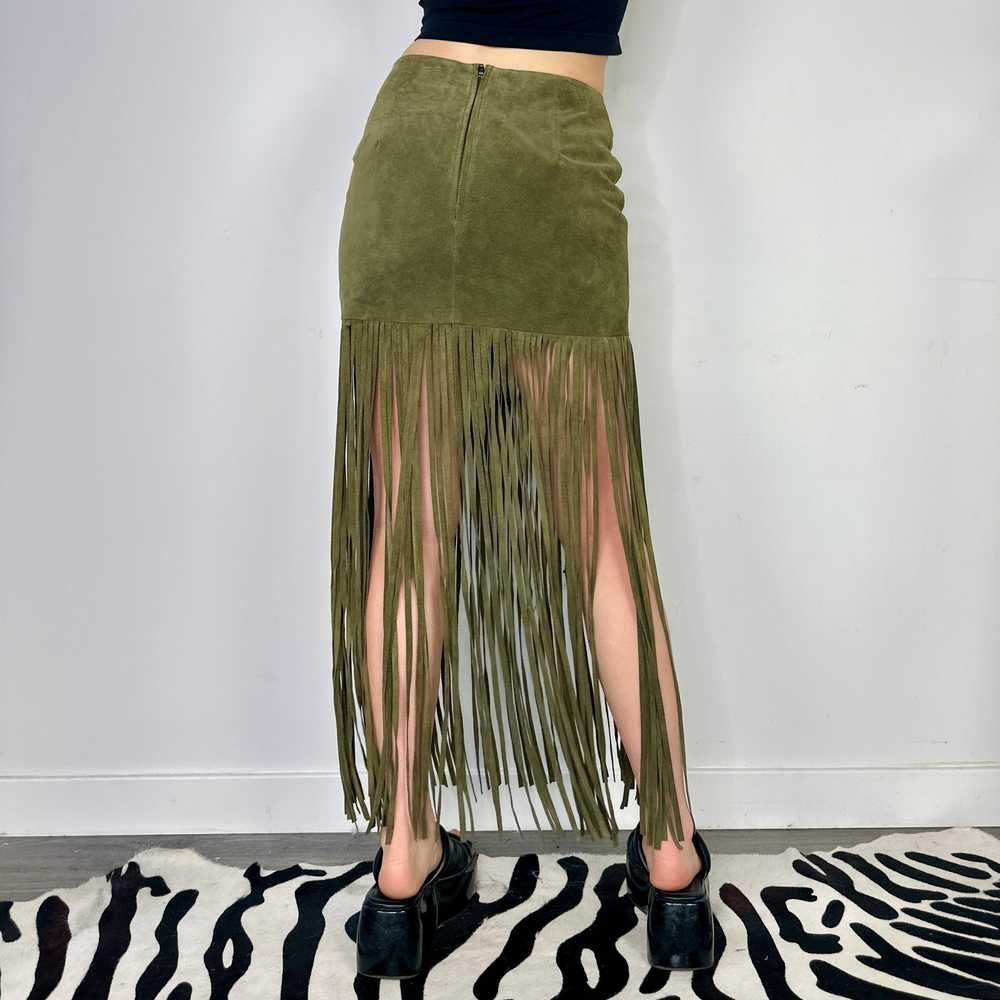 Olive Genuine Suede Fringe Maxi Skirt (S) - image 5