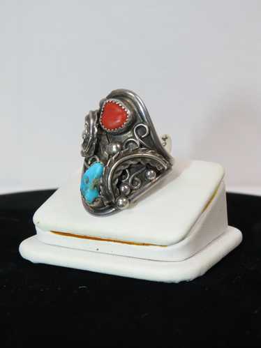 Turquoise & Coral Sterling Silver Ring