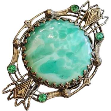 Vintage Czech Turquoise Glass & Faux Pearls Brass Filigree Floral Round Brooch