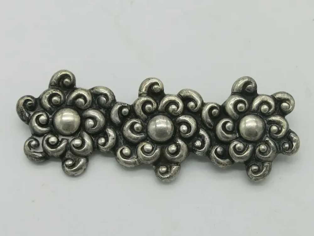 Sterling Silver Mexico Three Flowers Brooch Eagle… - image 2