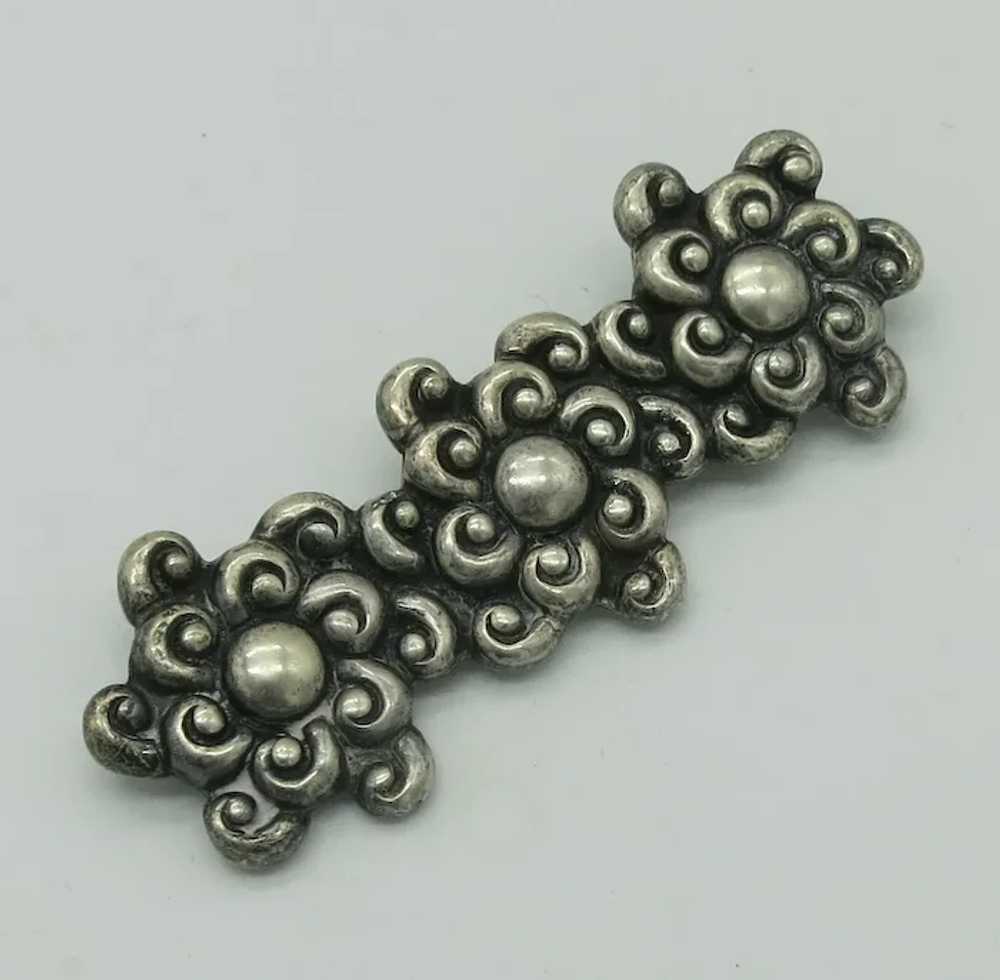 Sterling Silver Mexico Three Flowers Brooch Eagle… - image 3