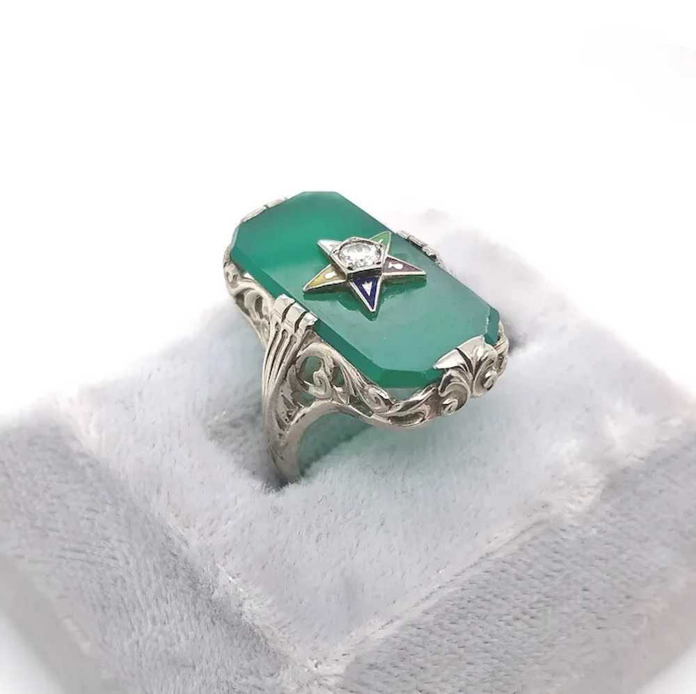 14K Filigree Chrysoprase - Green Onyx & Diamond R… - image 4