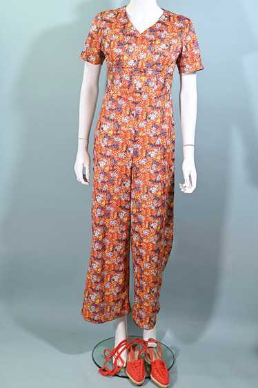 60s Floral Print Jumpsuit, Poly Ditzy Print Pants… - image 1