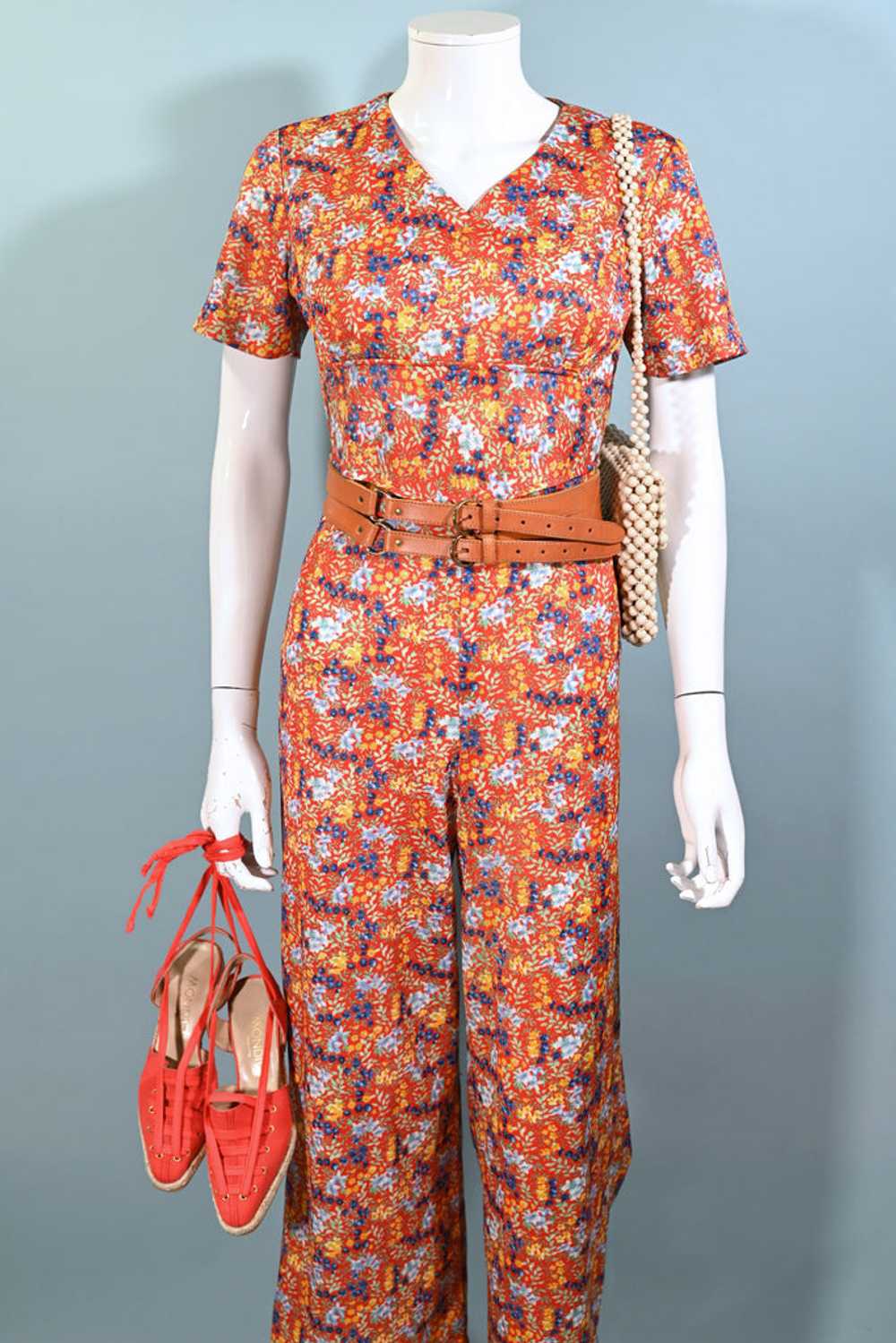 60s Floral Print Jumpsuit, Poly Ditzy Print Pants… - image 8