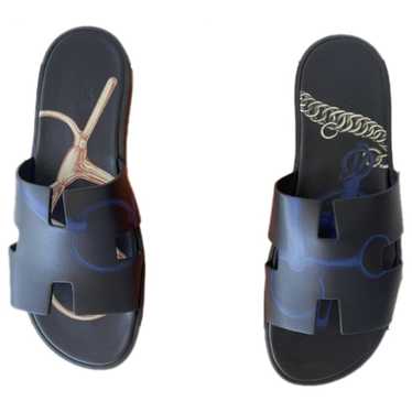 HERMÈS Izmir Men's Navy Blue Leather Slides Size: US13 | EU 46.