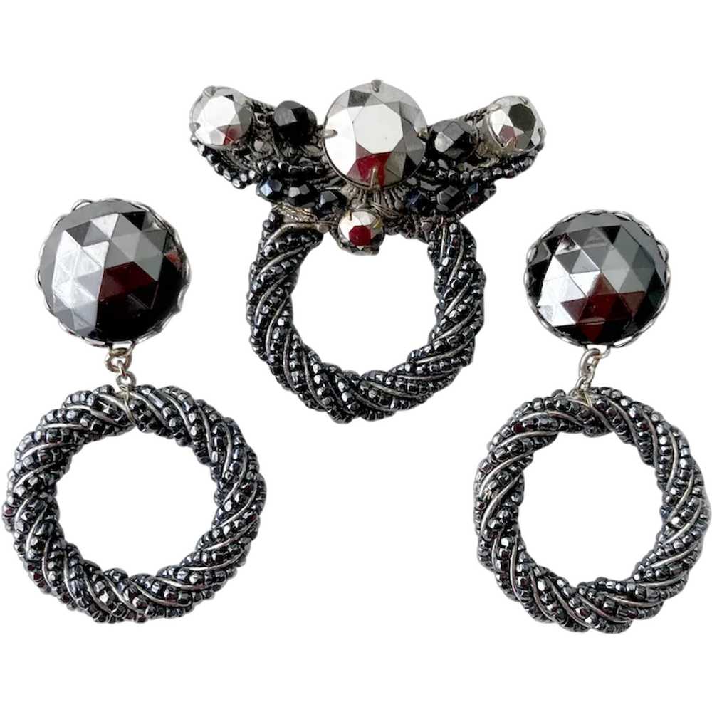 Faux 'Black Diamond' and Hematite Brooch & Earrin… - image 1