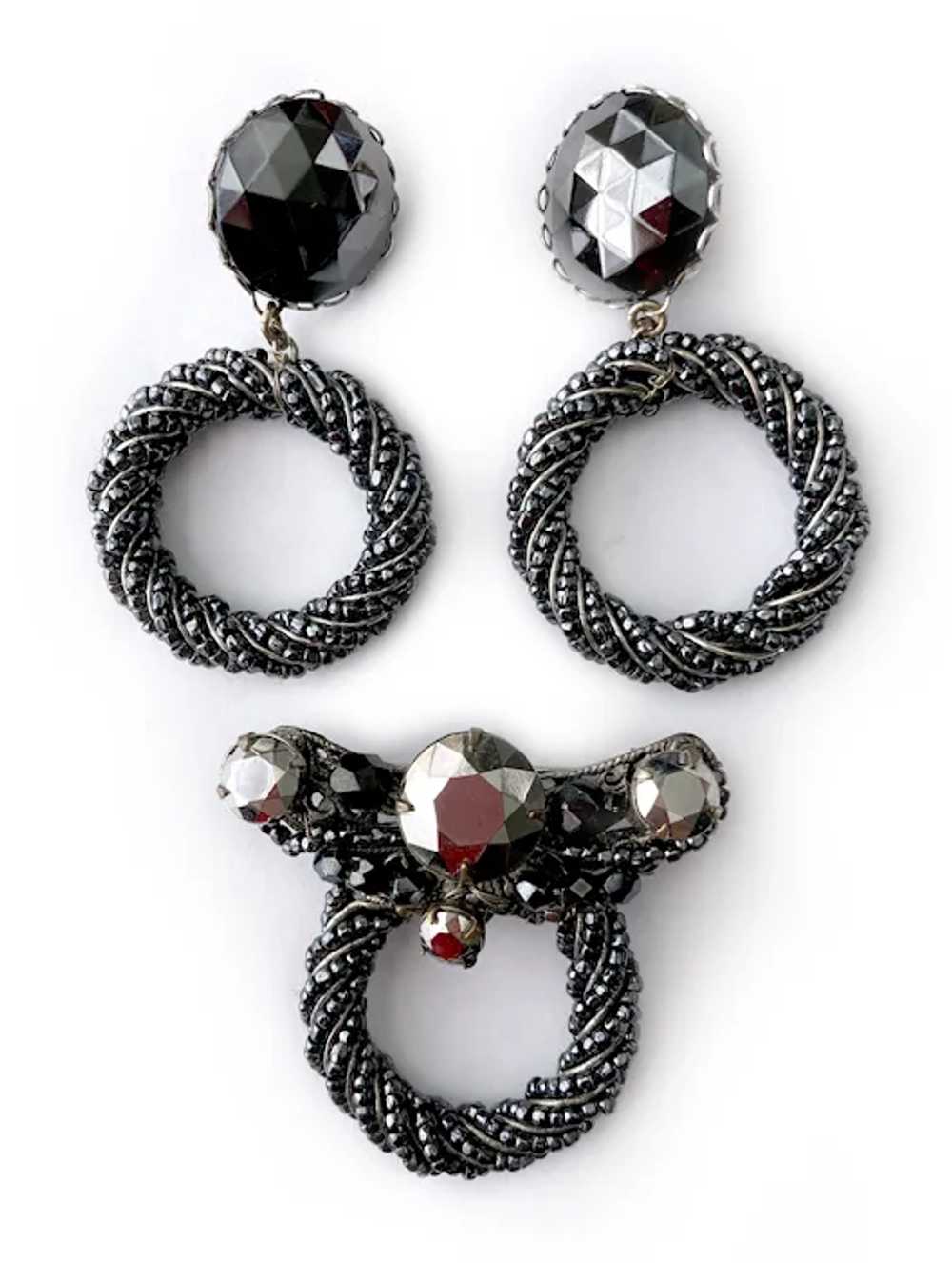 Faux 'Black Diamond' and Hematite Brooch & Earrin… - image 2