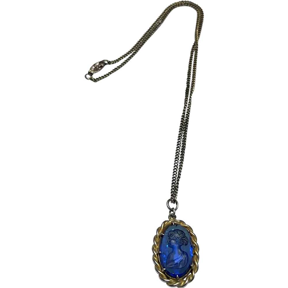 Vintage Blue Glass Cameo Pendant Necklace - image 1