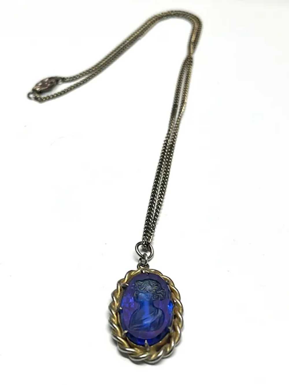 Vintage Blue Glass Cameo Pendant Necklace - image 2
