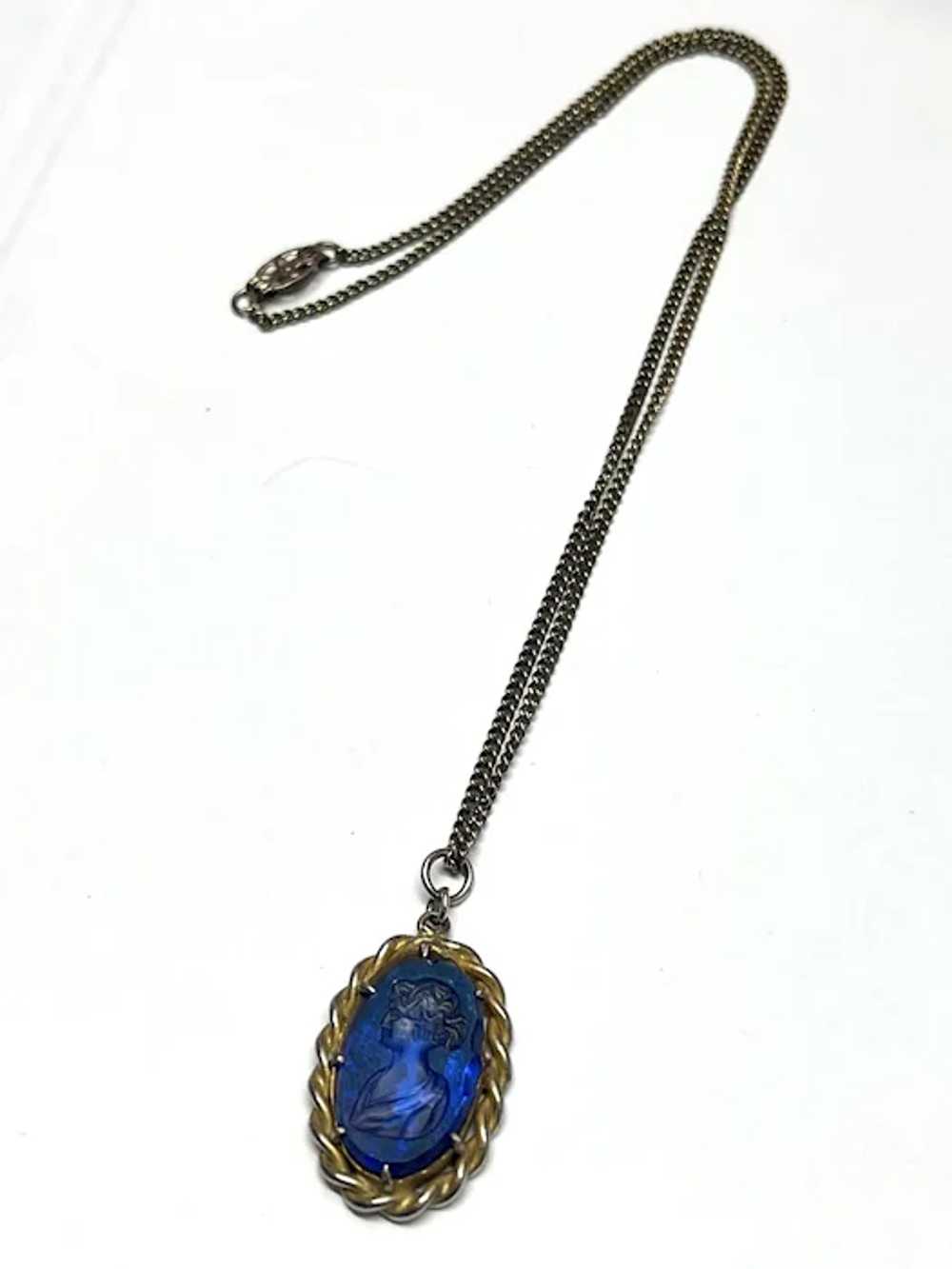 Vintage Blue Glass Cameo Pendant Necklace - image 4
