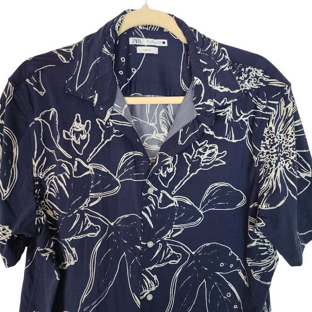 Zara ZARA Mens L Blue Floral Print Short Sleeves … - image 2