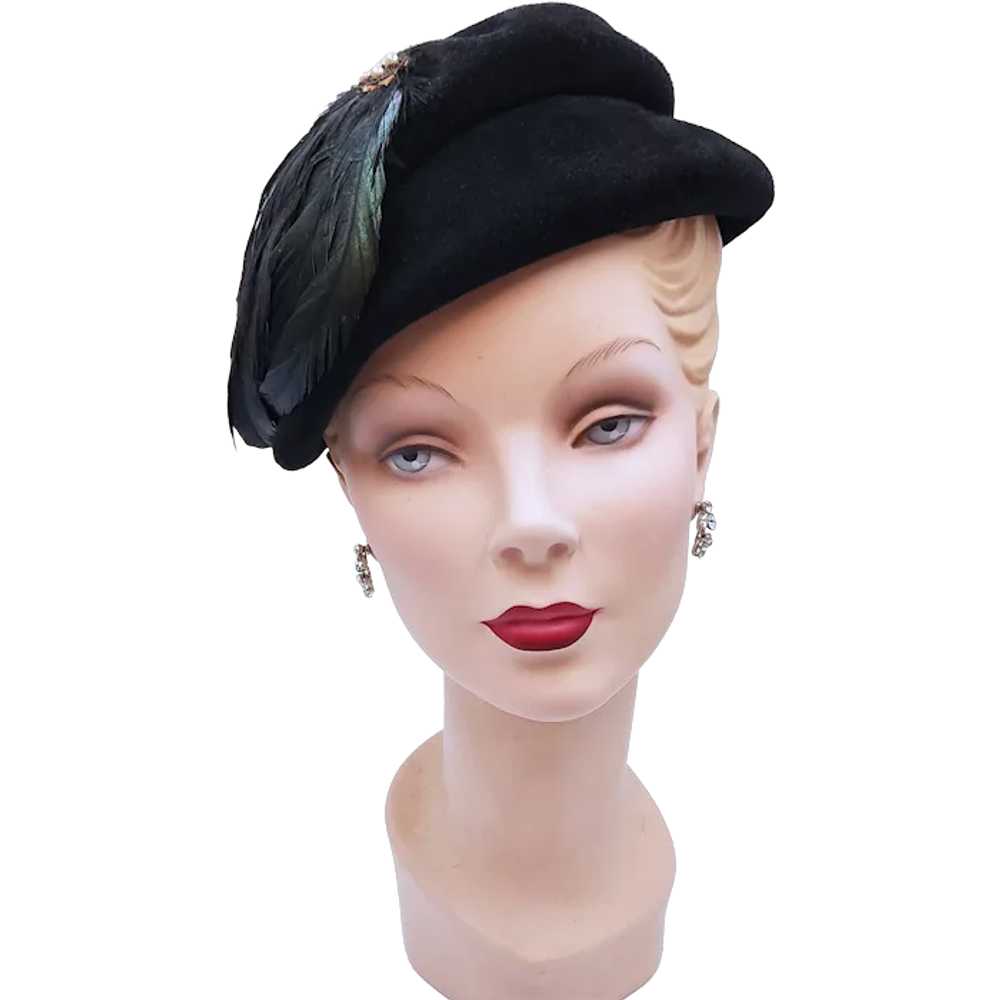 Vintage 1940s Christine Original Black Velour Hat… - image 1