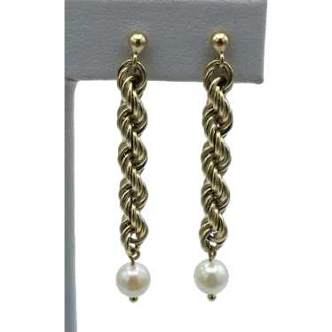 10KY Hollow 6mm Pearl Dangle Earrings - image 1