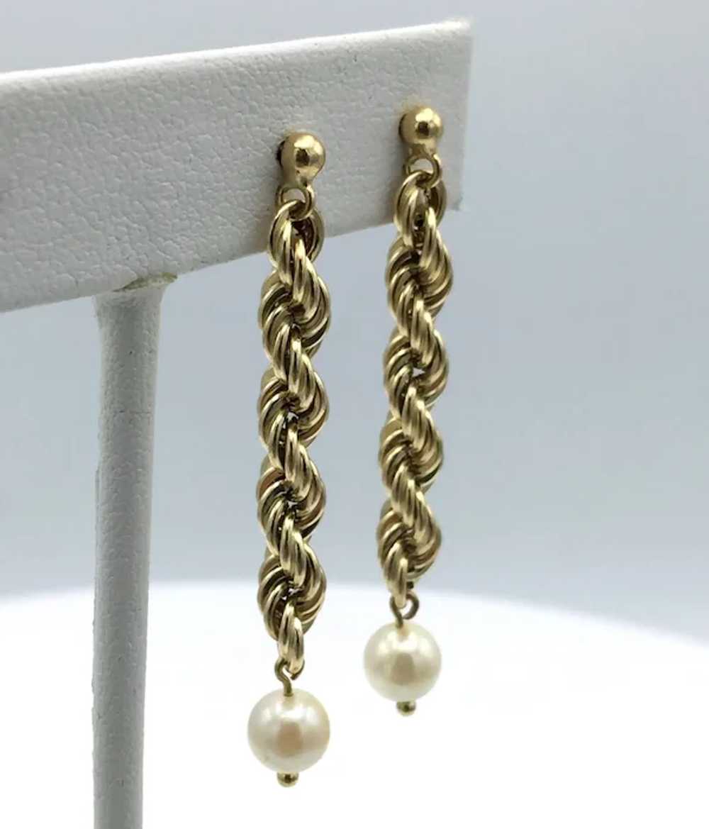 10KY Hollow 6mm Pearl Dangle Earrings - image 2