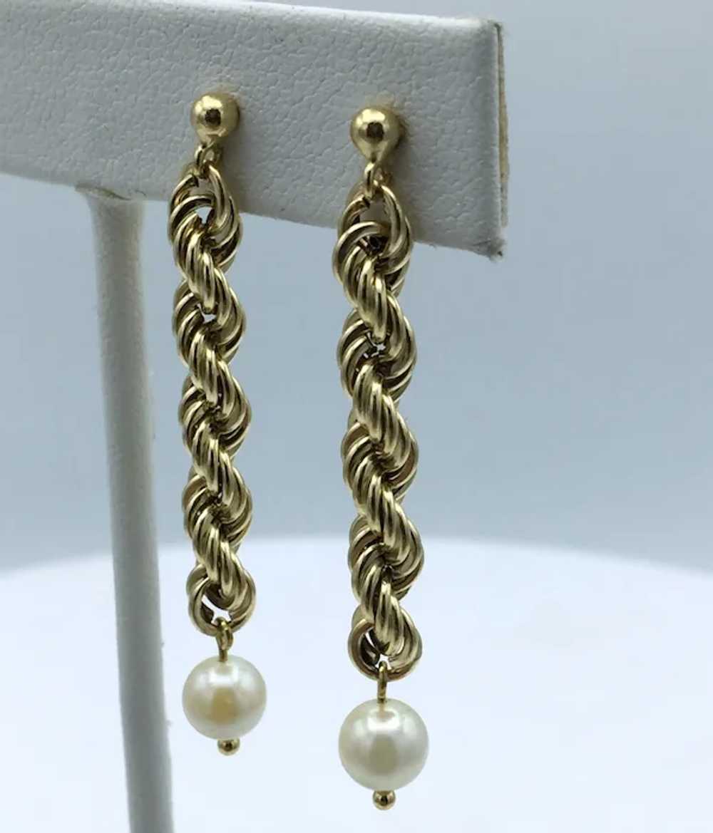 10KY Hollow 6mm Pearl Dangle Earrings - image 3