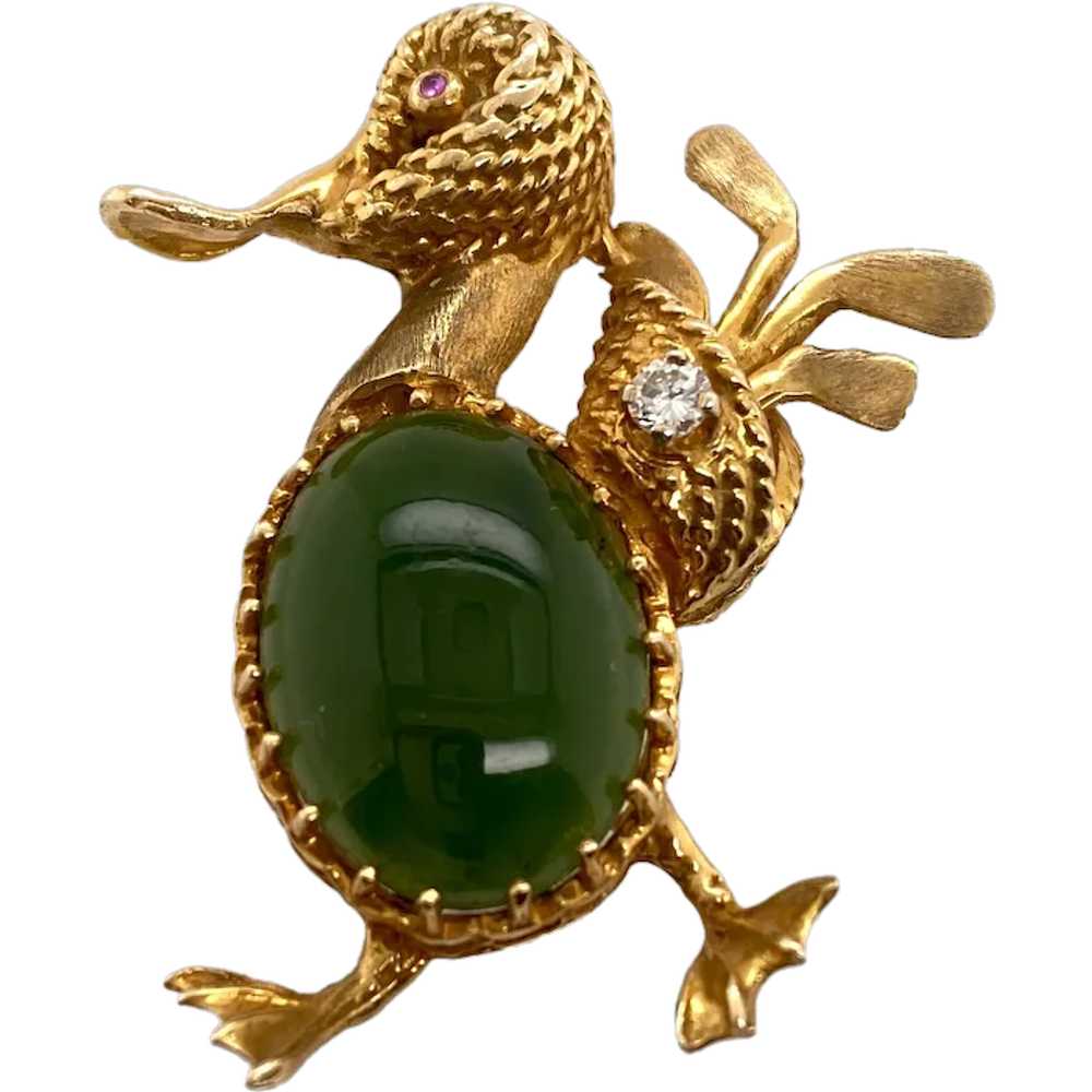 Vintage 14K Gold Jade & Diamond Duck with Golf Cl… - image 1