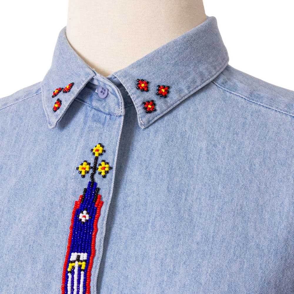 1980s-1990s Hand-Beaded Cotton Chambray Button Do… - image 4