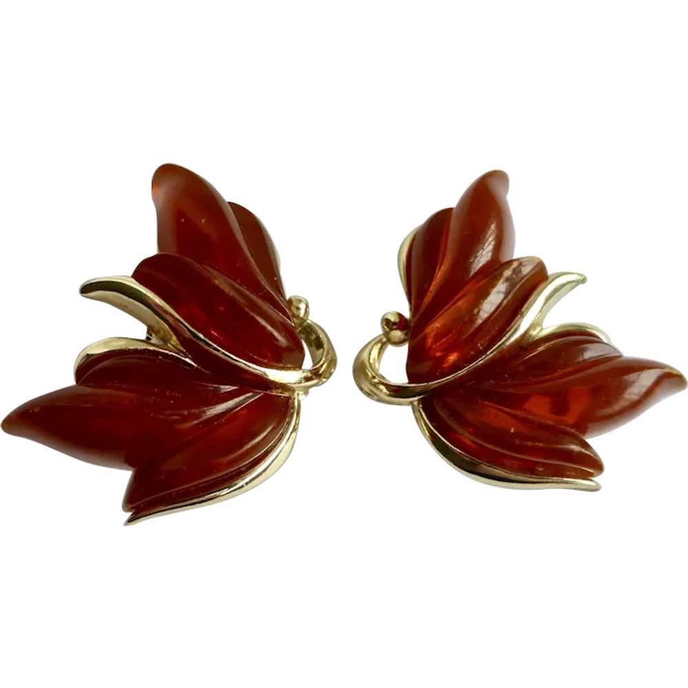 KRAMER  Graceful Leafy Clip On Earrings Root Beer… - image 1