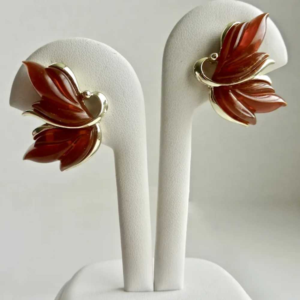 KRAMER  Graceful Leafy Clip On Earrings Root Beer… - image 2