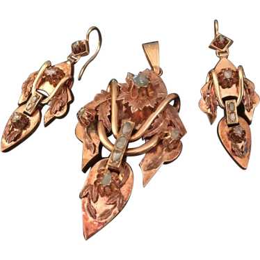 Antique 18kt Gold Rose Diamond Drop Pendant & Ear… - image 1