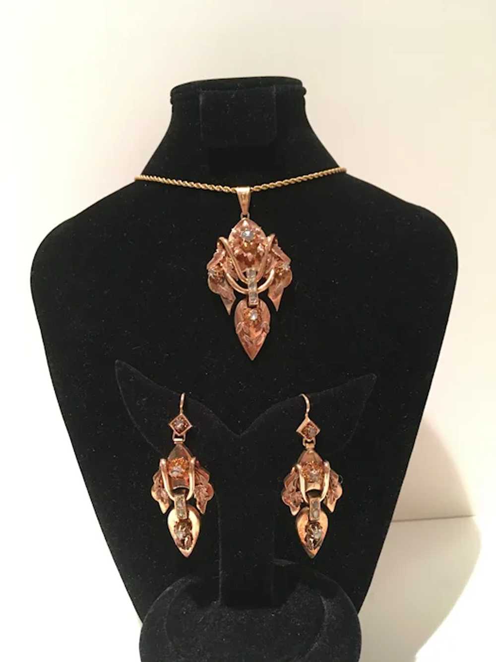 Antique 18kt Gold Rose Diamond Drop Pendant & Ear… - image 4