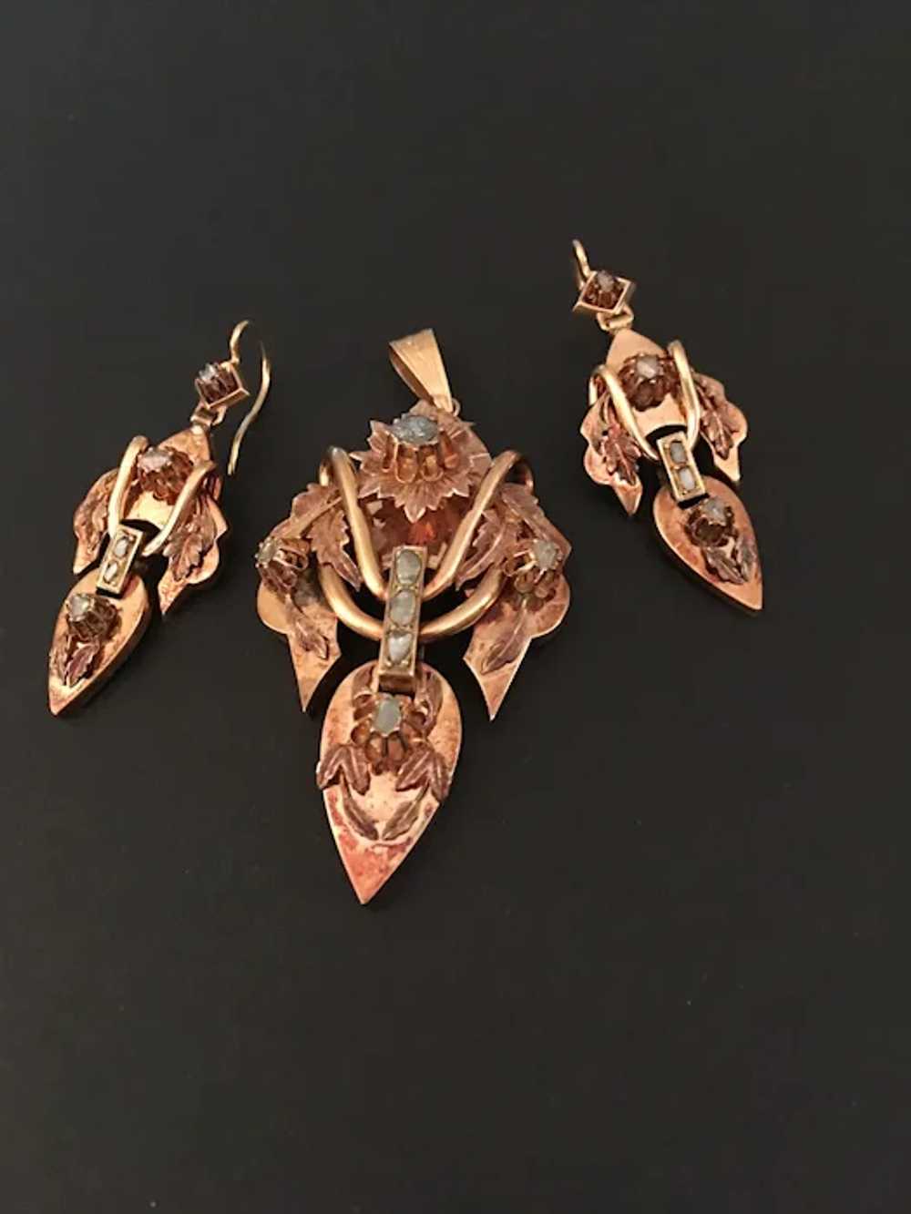 Antique 18kt Gold Rose Diamond Drop Pendant & Ear… - image 6