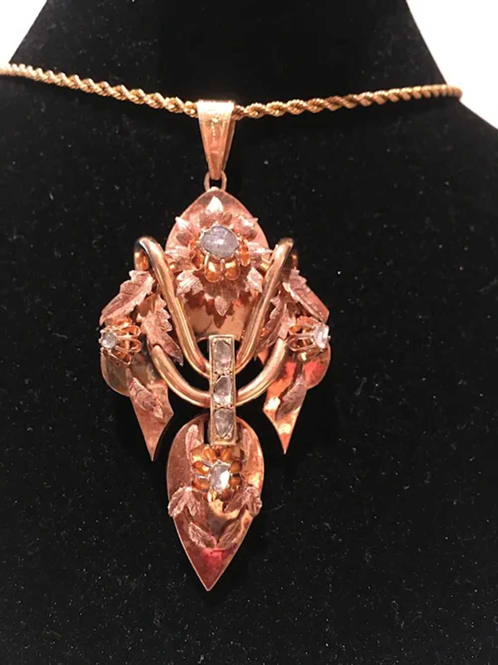 Antique 18kt Gold Rose Diamond Drop Pendant & Ear… - image 7