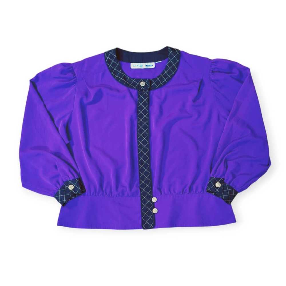 Vintage 80s Purple Balloon Sleeve Blouse Women Si… - image 1