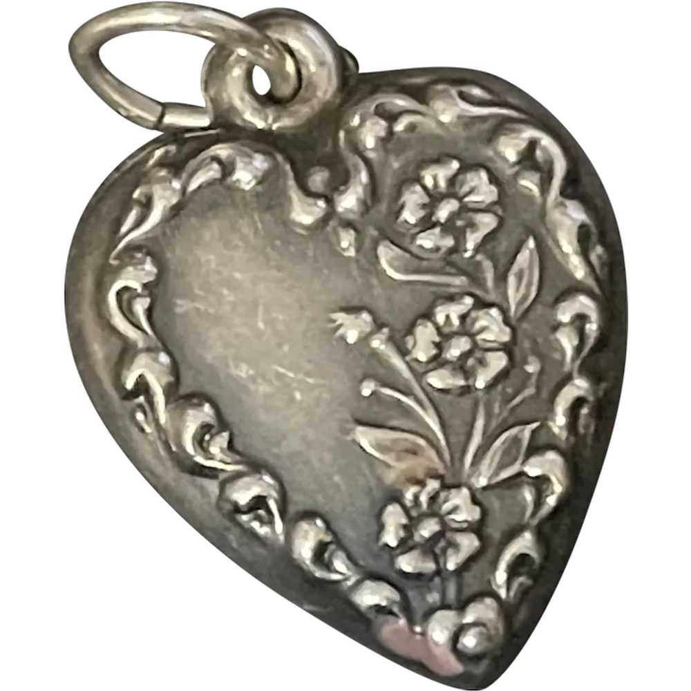 Vintage Sterling Silver Floral Puffy Heart - image 1