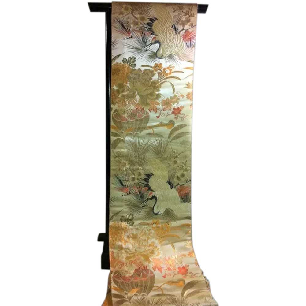 Japanese Vintage Obi Silk Cranes Flowers Maru Obi - image 1