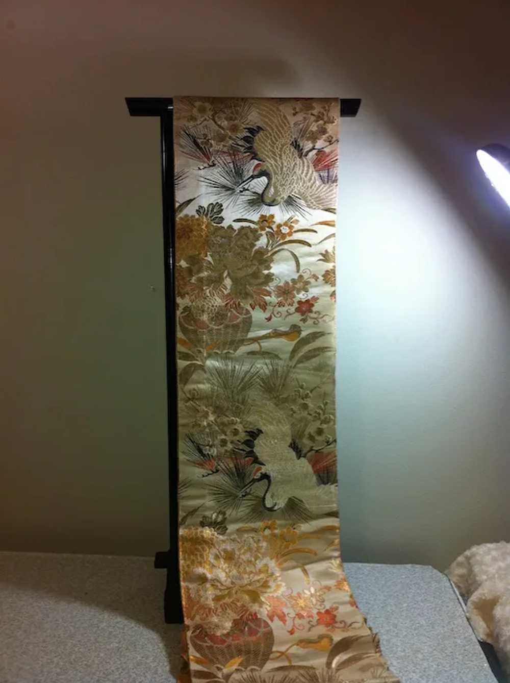 Japanese Vintage Obi Silk Cranes Flowers Maru Obi - image 2