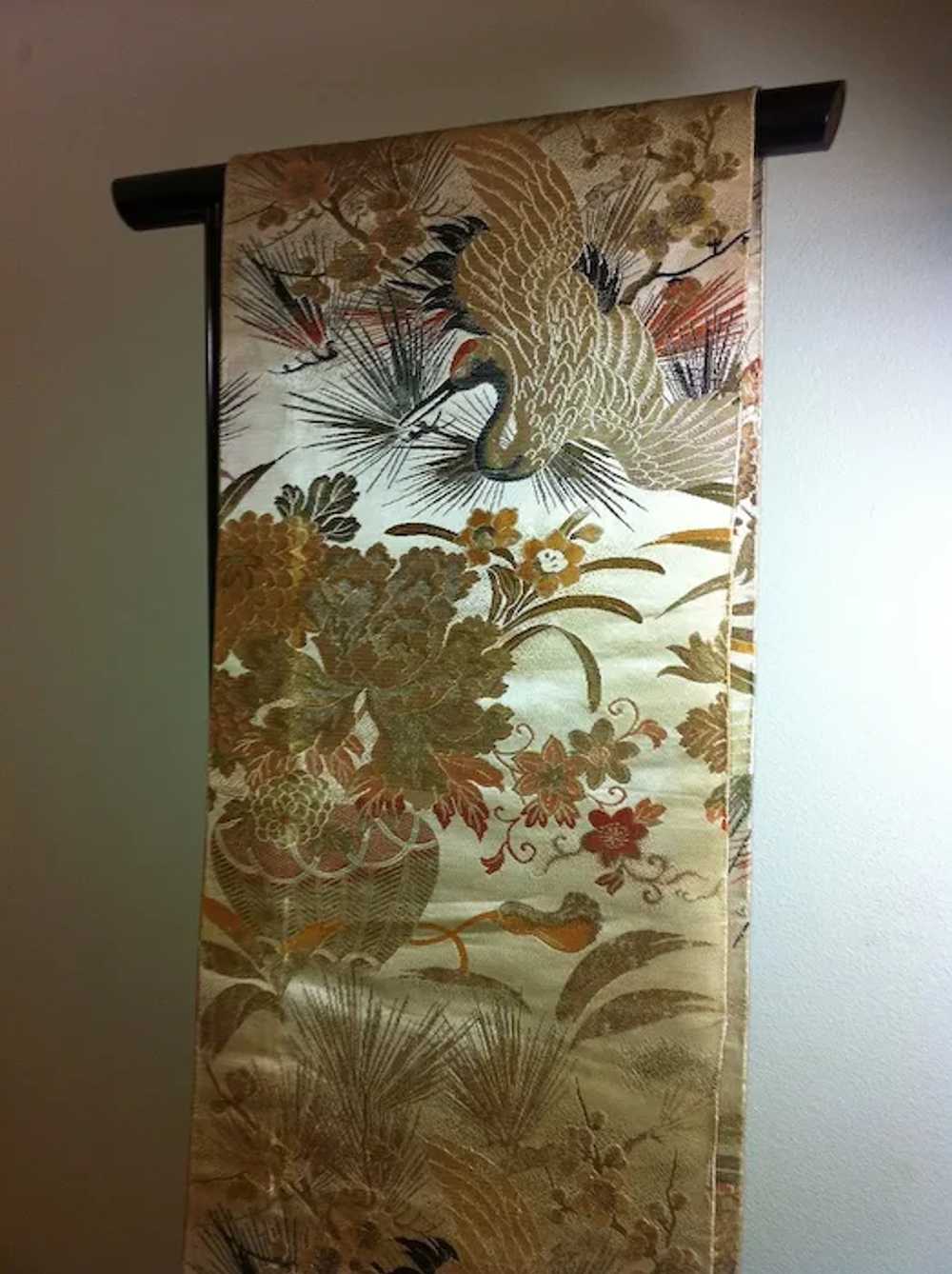 Japanese Vintage Obi Silk Cranes Flowers Maru Obi - image 3