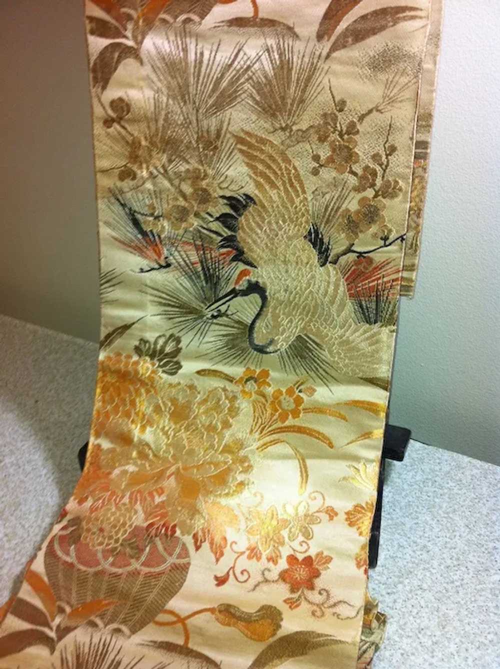 Japanese Vintage Obi Silk Cranes Flowers Maru Obi - image 4