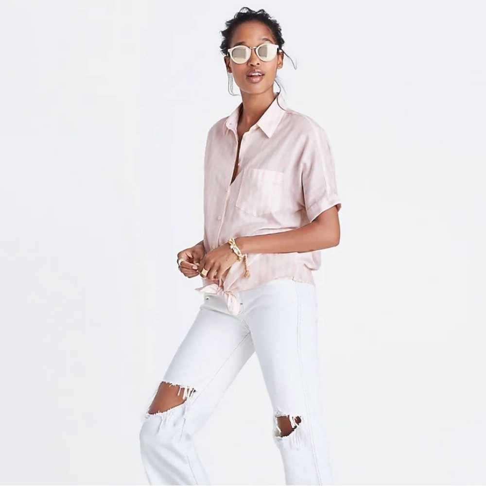Madewell Short-Sleeve Tie-Front Shirt in Pink Str… - image 1