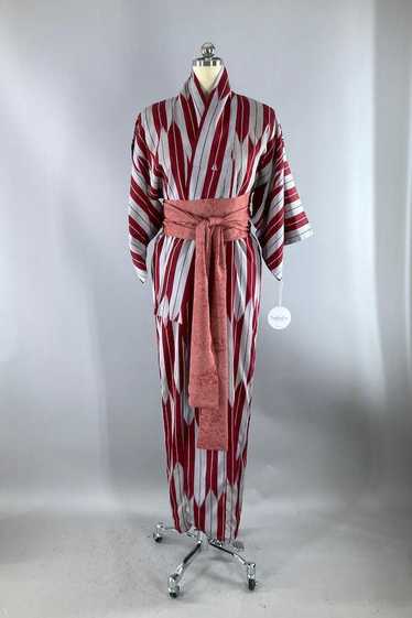 Vintage 1940s Maroon & Grey Silk Kimono