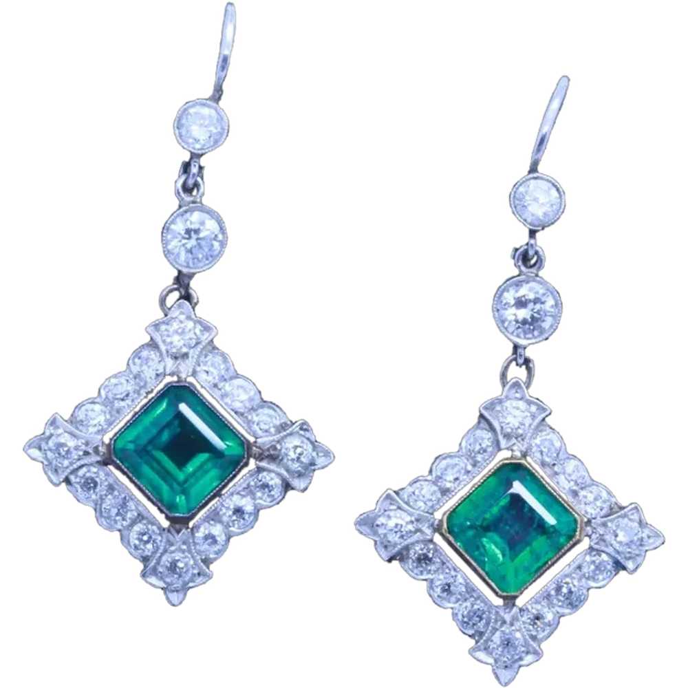 Antique Earrings Platinum Diamonds Emeralds Colom… - image 1