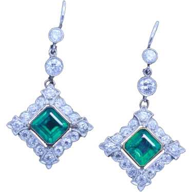 Antique Earrings Platinum Diamonds Emeralds Colom… - image 1