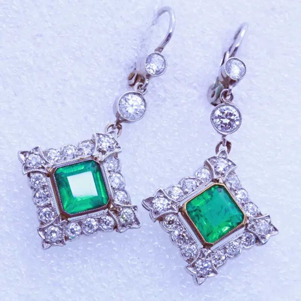 Antique Earrings Platinum Diamonds Emeralds Colom… - image 2