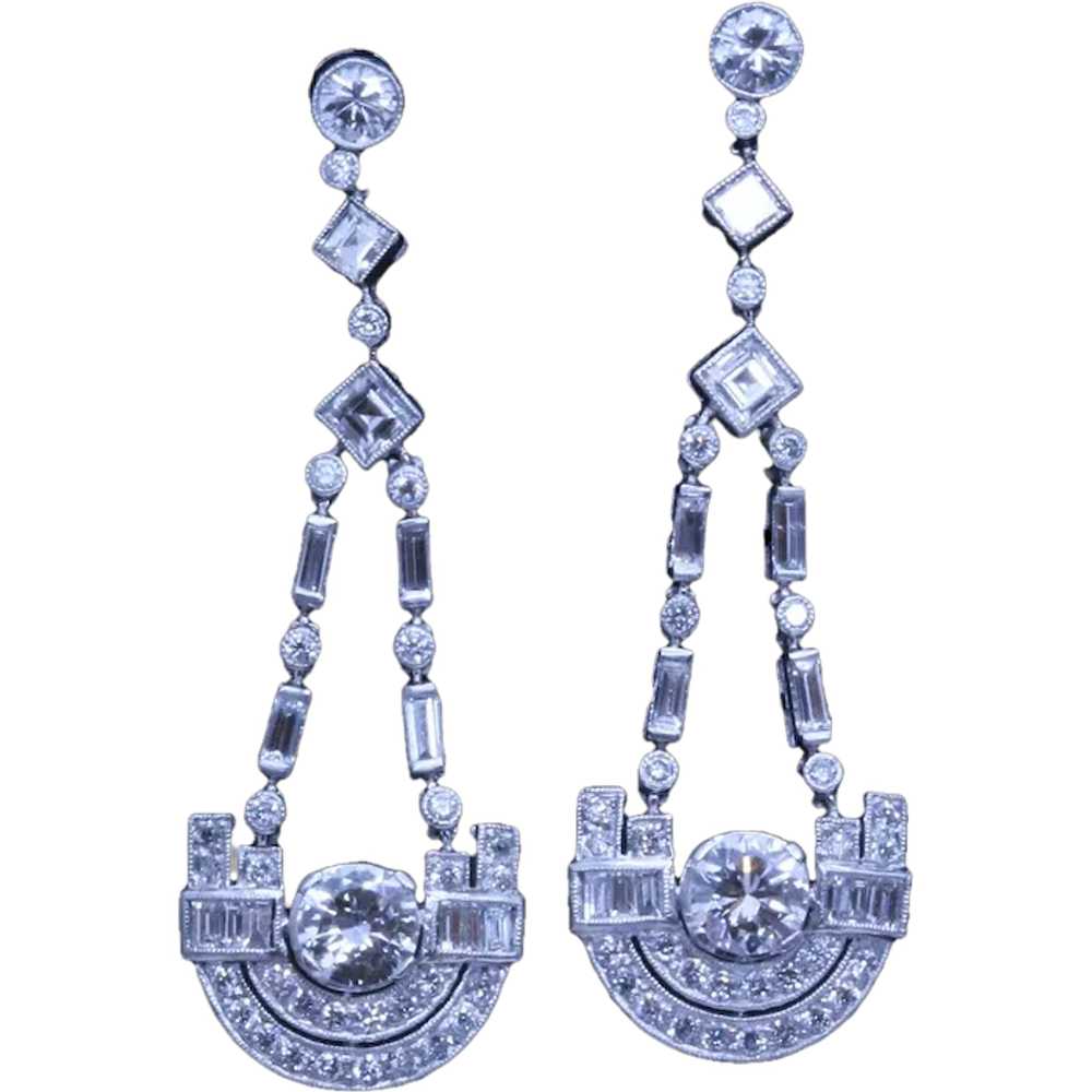 French Art Deco Earrings Platinum Diamonds Dangle… - image 1