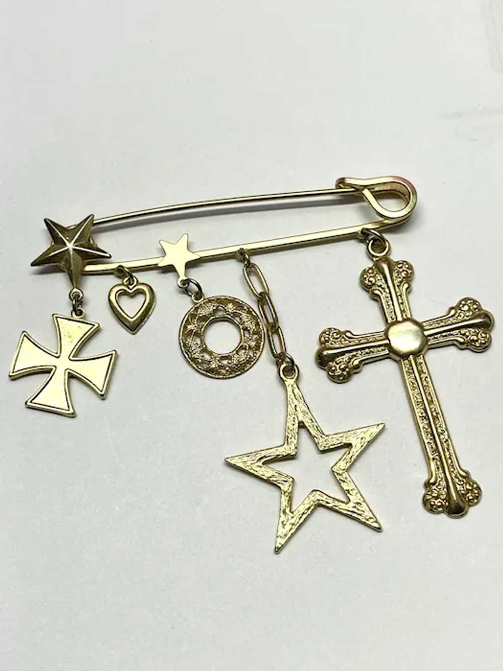 Vintage Gold Safety Pin Charm Brooch Pin - image 2