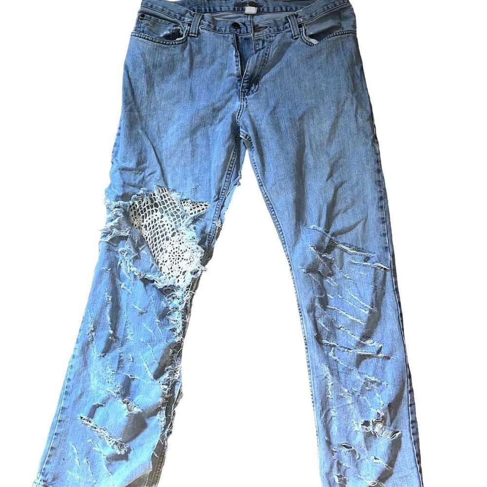 Streetwear Custom Blue distressed flower jeans by… - image 2