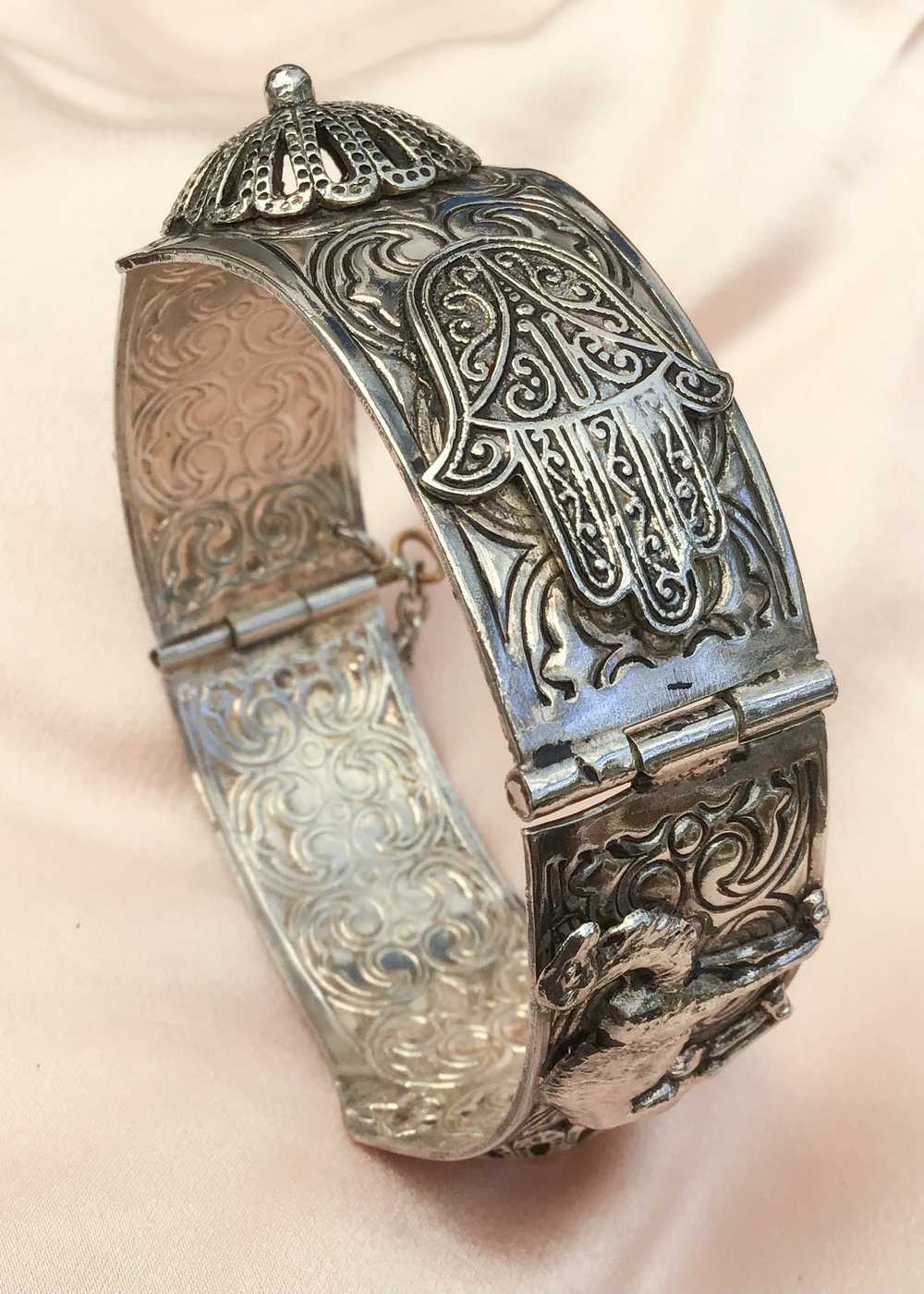 Vintage Silver Lucky Hamsa Bracelet Cuff - image 1